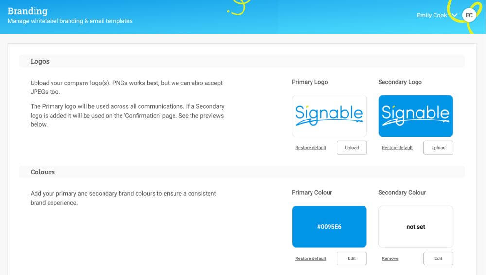 Screenshot of Signable branding settings