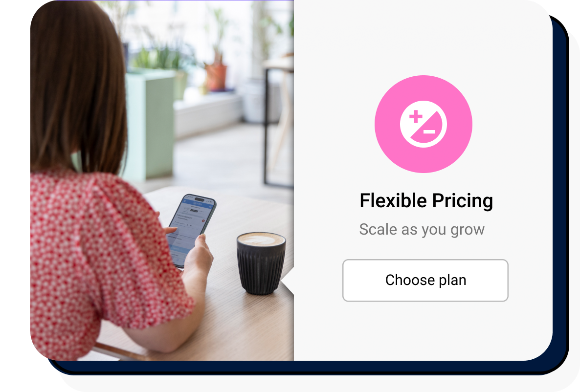 Woman in cafe viewing the Signable platform on her phone